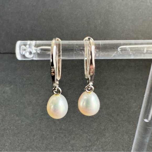 Pearl Earrings Sterling Silver Drop Dangle Dainty Simple Bridal Bride Wedding - Picture 3 of 9